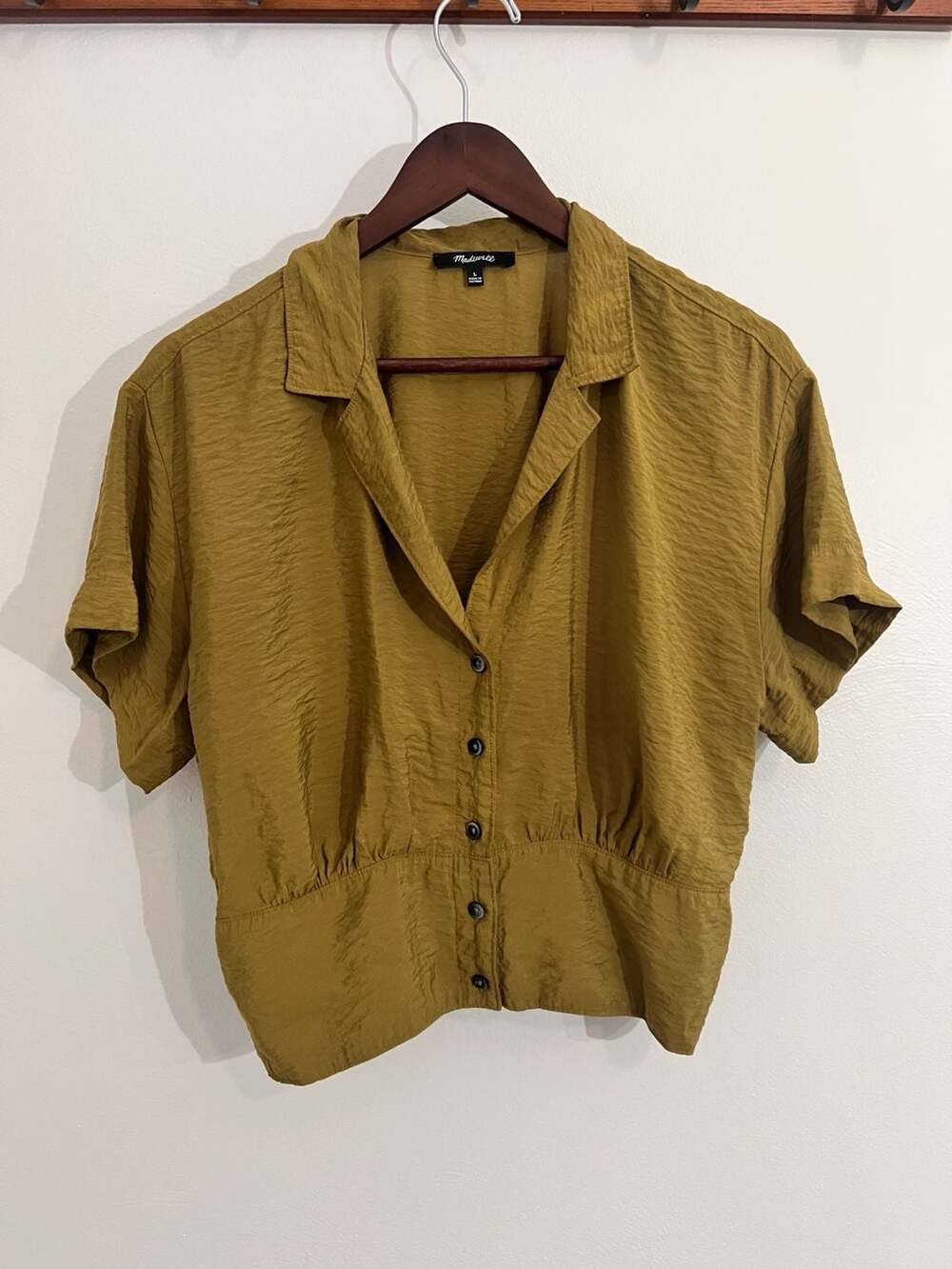 Madewell Olive Short Sleeve Button Front Smocked Waist Blouse Size L
